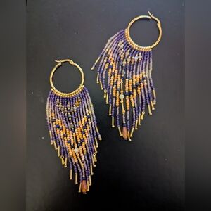 Statement Beaded Fringe Earrings – Miyuki – Purple & Gold – Handmade – Boho